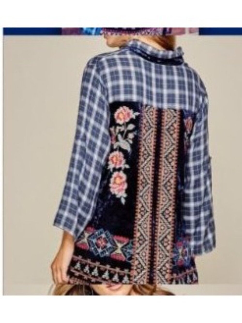 ANDREE BY UNIT Blue Plaid Button-Down with Embroidered Black Back Panel